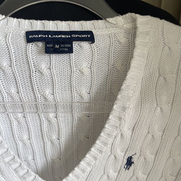 RALPH LAUREN SPORT WOMEN CABLE KNIT SWEATER V NECK COTTON White M - Picture 2 of 10